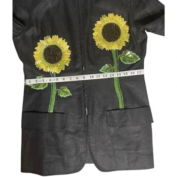 Vtg Emanuel Ungaro Beaded Sequin 3D Sunflowers Linen Designer Black Jacket 10/12